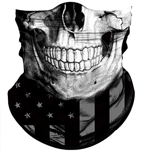 Skull Face Mask Sun UV Dust Wind Protection Tube Mask Seamless Bandana Skeleton Face Mask for Men Women Bike Riding Motorcycle Cycling Biker Outdoor Festival (Black Gray Skull White Face Flag)