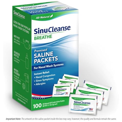 Pre-Mixed Saline Packets for Sinus Rinse and Nasal Irrigation Systems, 100 Count, Made in USA, All-Natural, Pharmaceutical Grade and PH Balanced
