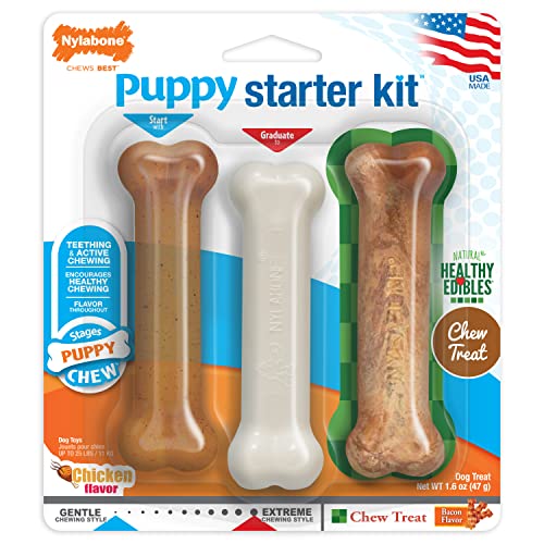 New Puppy Starter Kit, 2 Chew Toys and 1 Natural Treat for Puppies, Bacon & Chicken Flavor, Small - Up to 25 lbs, 3 Pack