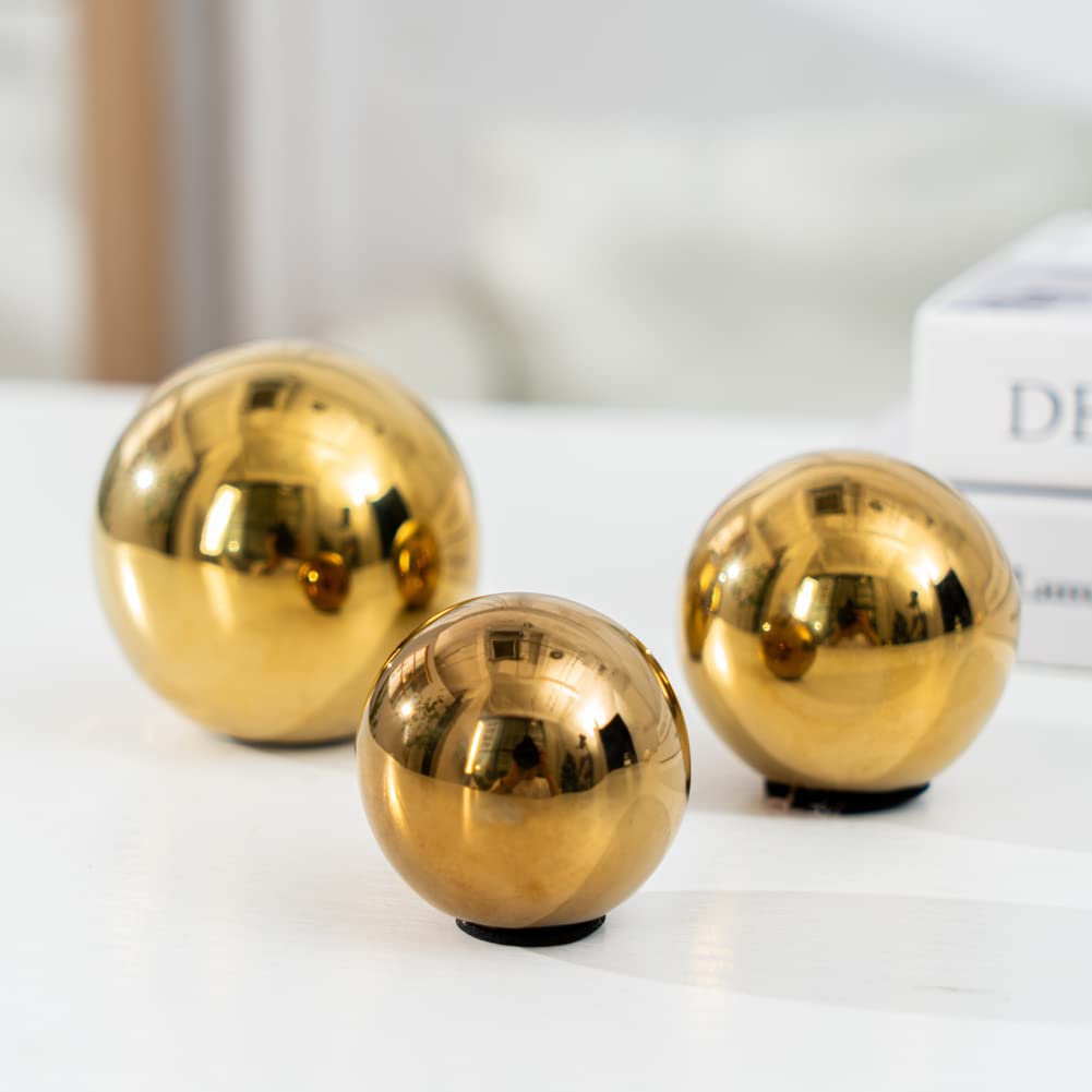 Decorative Orbs Abstract Art Ball (Set of 3) Ceramic Statue Sculpture Decoration Ornaments for Living Room Dining Room Office Cabinet Bar Shelves Table Center Pieces (Golden Ball WG123)