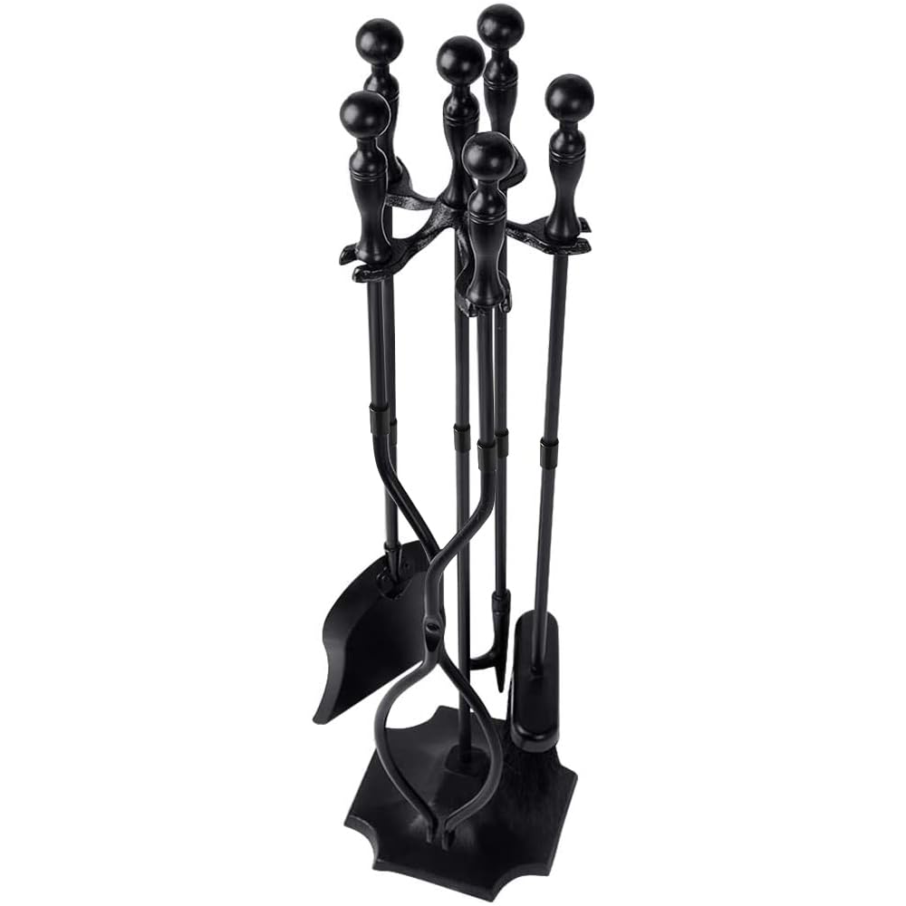 AMAGABELI GARDEN &amp; HOME 5 Pcs Fireplace Tools Sets Black Handle Wrought Iron Large Fire Tool Set and Holder Outdoor Fireset Fire Pit Stand