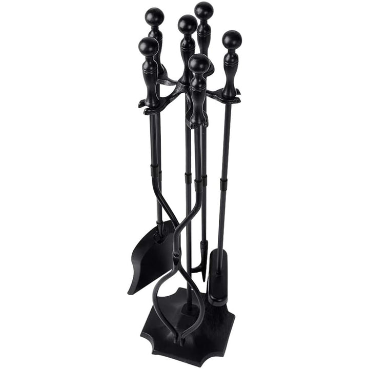 AMAGABELI GARDEN &amp; HOME 5 Pcs Fireplace Tools Sets Black Handle Wrought Iron Large Fire Tool Set and Holder Outdoor Fireset Fire Pit Stand