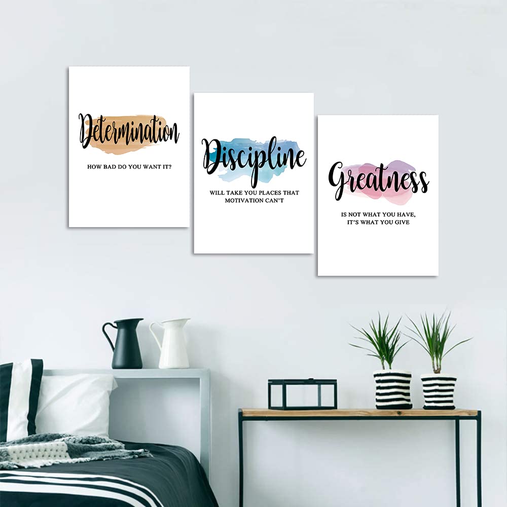 Motivational Office Wall Art - Determination Discipline Greatness Inspirational Wall Decor Positive Quotes Posters Entrepreneur Pictures Success Artwork for Home Study Room Decor (12x16x3Pcs)