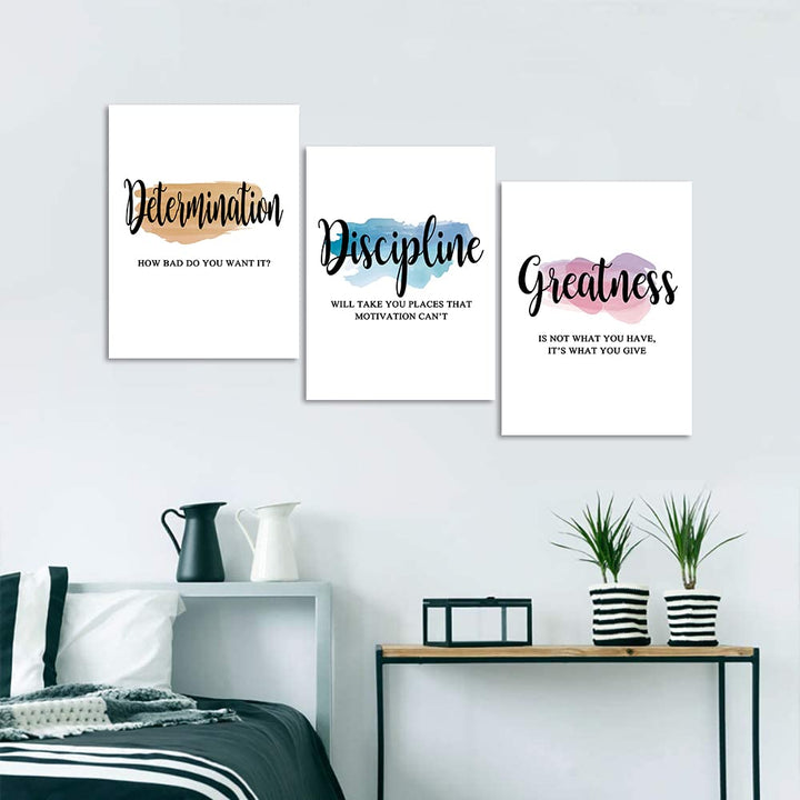 Motivational Office Wall Art - Determination Discipline Greatness Inspirational Wall Decor Positive Quotes Posters Entrepreneur Pictures Success Artwork for Home Study Room Decor (12x16x3Pcs)