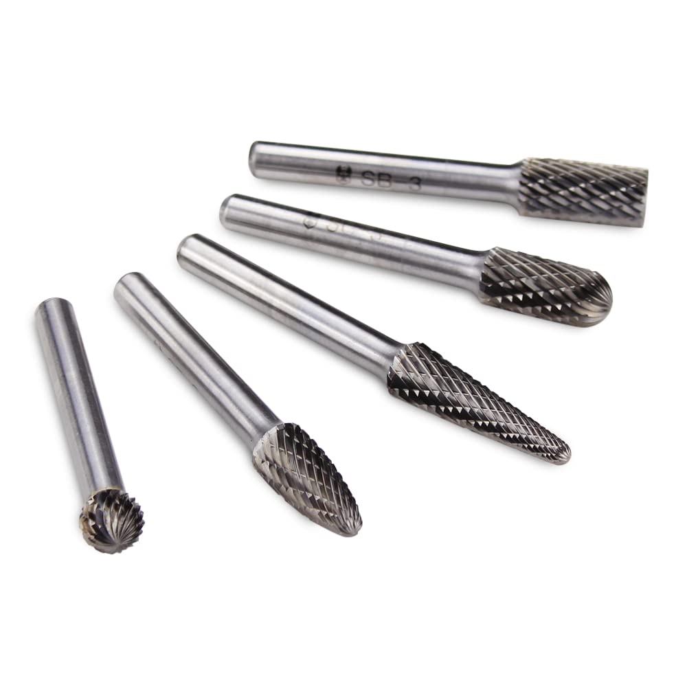 Tungsten Carbide Burr Die Grinder Rotary Tool Bit Set for Metal Contouring and Deburring, Double Cut with 1/4” Shank - 5 Pieces
