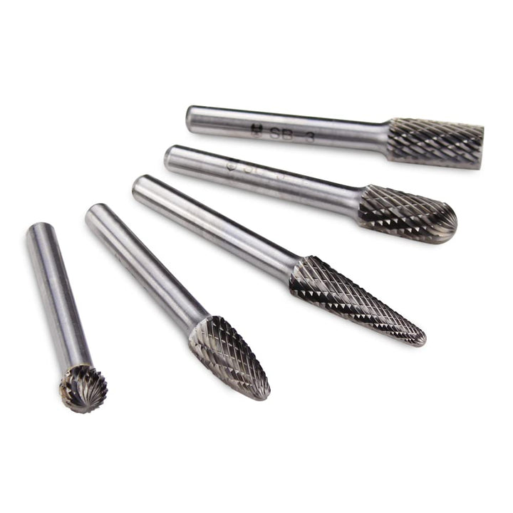 Tungsten Carbide Burr Die Grinder Rotary Tool Bit Set for Metal Contouring and Deburring, Double Cut with 1/4” Shank - 5 Pieces