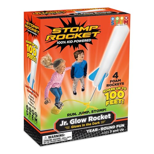 Jr Glow Rocket Launcher for Kids - 4 Glow-in-The-Dark Rockets - Outdoor Fun Toy Gift for Boys & Girls - STEM Soft Foam Blaster Set Soars Up to 100 Feet - Ages 3 & Up