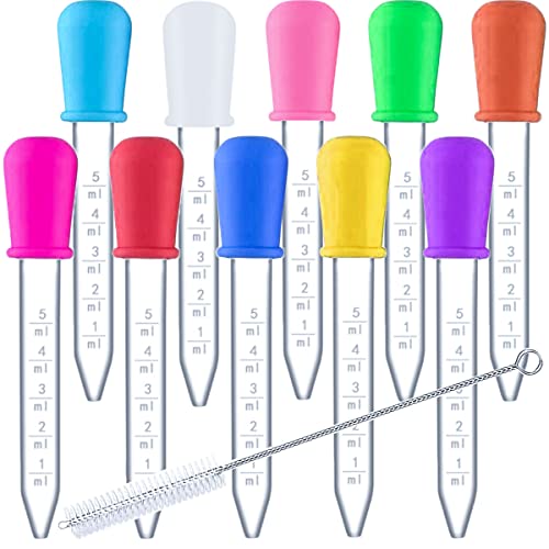 10 Pack Liquid Pipettes Droppers Silicone 5ml Clear Medicine Eye Dropper for Kids with Bulb Tip &amp; Clean Brush for Candy Mold, Gummy Bear, Gelatin Maker, Oil Science, Crafts Projects (10 Colors)