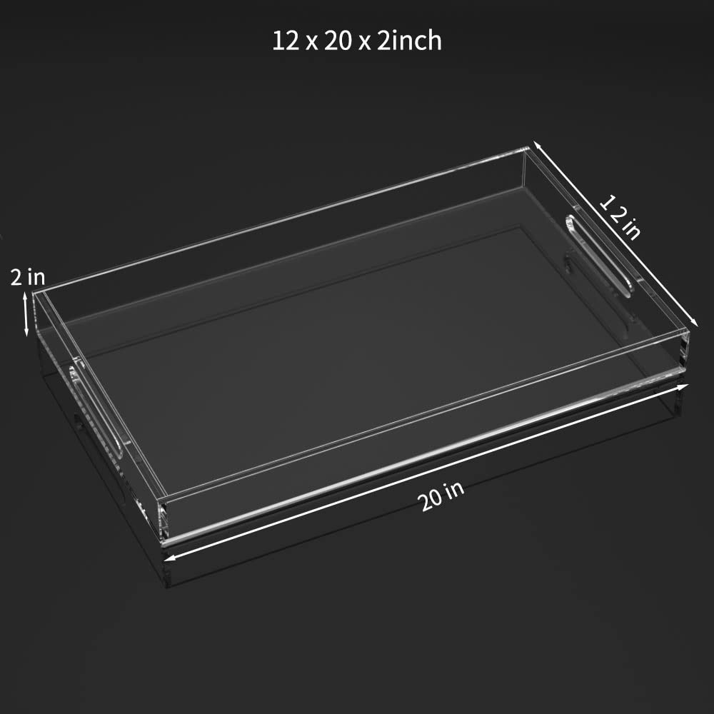 Acrylic Serving Tray 12x20 Inches -Spill Proof- Clear Decorative Tray Organiser for Ottoman Coffee Table Countertop with Handles