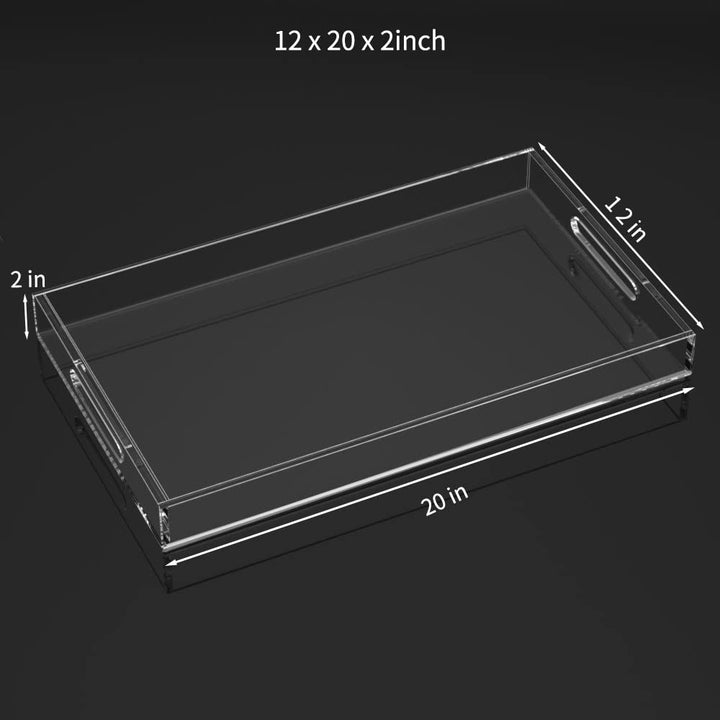 Acrylic Serving Tray 12x20 Inches -Spill Proof- Clear Decorative Tray Organiser for Ottoman Coffee Table Countertop with Handles