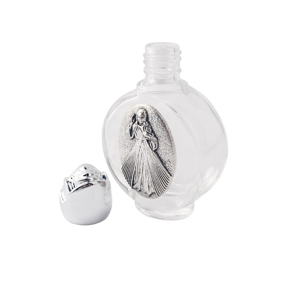 Glass Holy Water Bottle 0.5 floz with Silver-Toned Cap and Silver-Toned Depiction of The Holy Family (Divine Mercy)