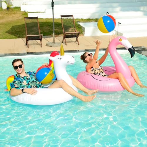 2 Pack 42&#39;&#39; Inflatable Pool Floats Flamingo Unicorn Swim Tube Rings with 2Pcs Beach Balls, Beach Floaties, Swimming Toys, Lake and Beach Floaty Summer Toy, Pool Raft Lounge for Adults Kids