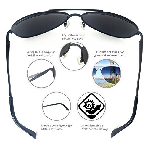 Premium Military Style Classic Aviator Sunglasses, Polarized, 100% UV protection for Men Women (Large Frame - Black Frame/Black Lens)