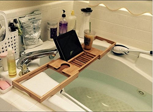 Bamboo Bathtub Tray - Wood Bath Caddy with Book, Phone, or Tablet Rest, Cup Holder, and Extended Sides for Bath Accessories (Natural)
