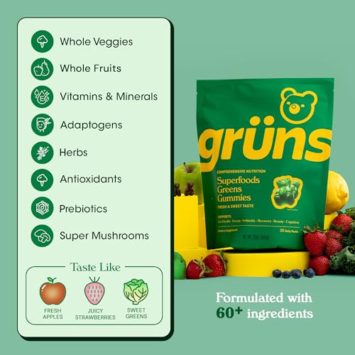 Gruns Adult Super Greens Gummies - Superfood Gummy Bears with Spirulina, Chlorella &amp; Prebiotics for Digestive Health - Adaptogens Supplement with 20 Vitamins &amp; Minerals, Low Sugar- 2-Week Supply