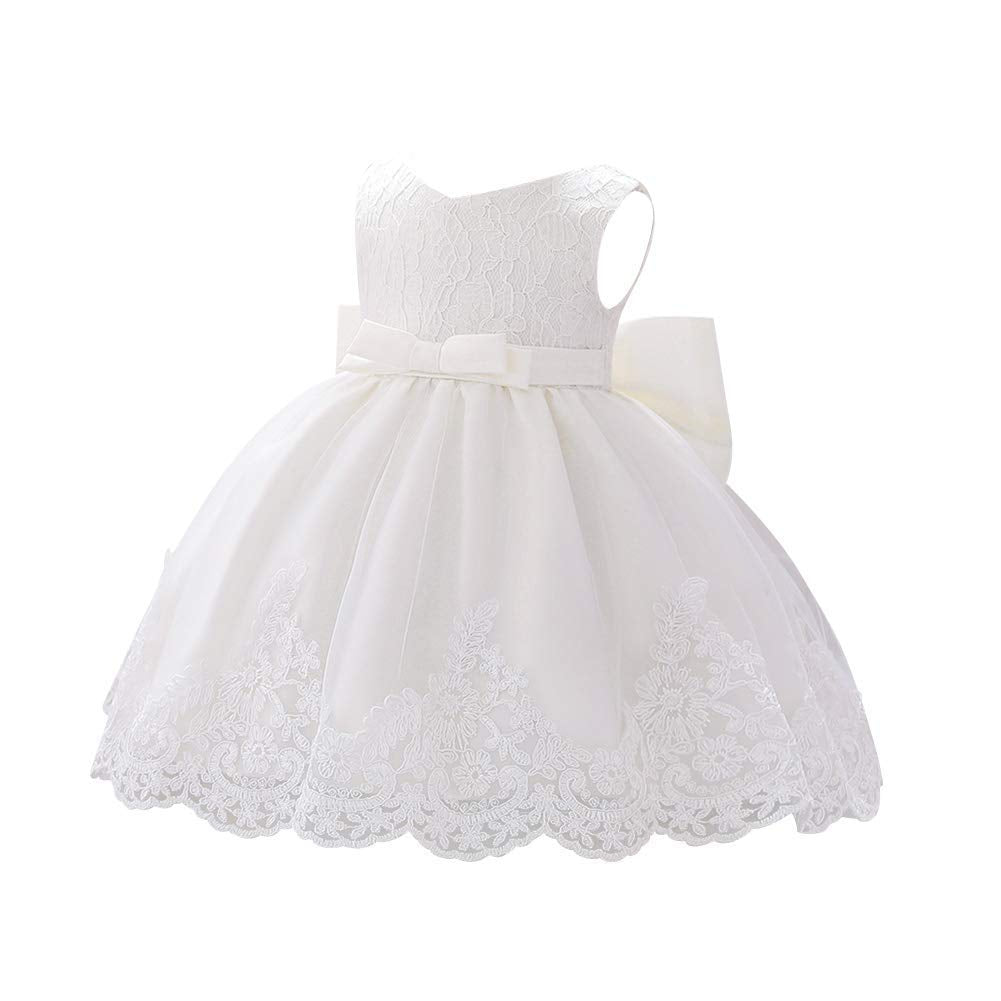 Baby Little Girls Formal Dress Lace Bowknot Baptism Embroidery Tulle Christmas Princess Pageant 1st Birthday Party Wedding Flower Girl Tutu Gown with Headwear White 6-9 Months
