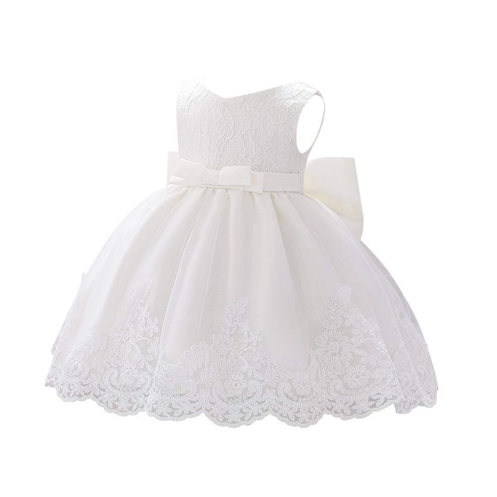 Baby Little Girls Formal Dress Lace Bowknot Baptism Embroidery Tulle Christmas Princess Pageant 1st Birthday Party Wedding Flower Girl Tutu Gown with Headwear White 6-9 Months