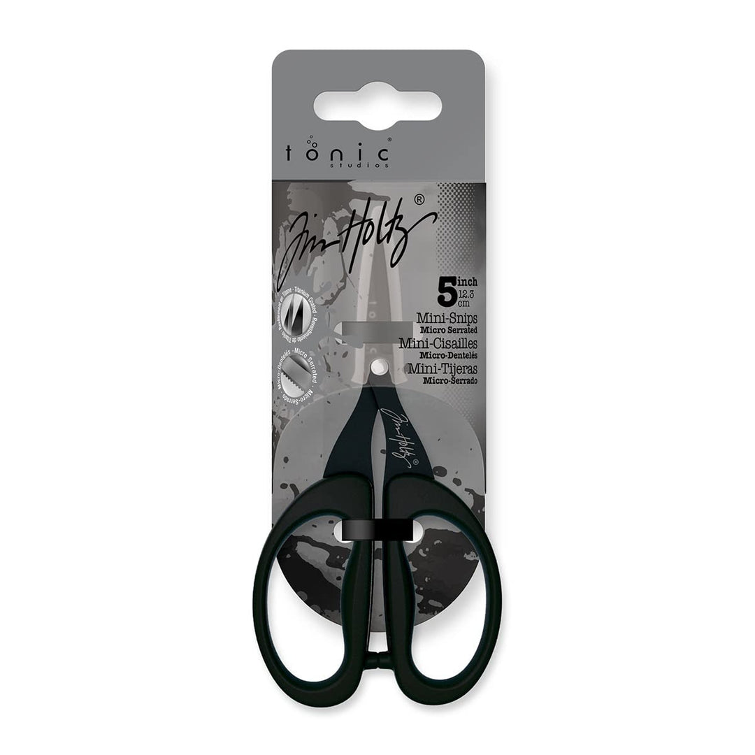 Tim Holtz Small Scissors - 5 Inch Mini Snips with Micro Serrated Blade - Craft Tool for Cutting Paper, Fabric, and Sewing - Titanium with Black Comfort Grip Handles