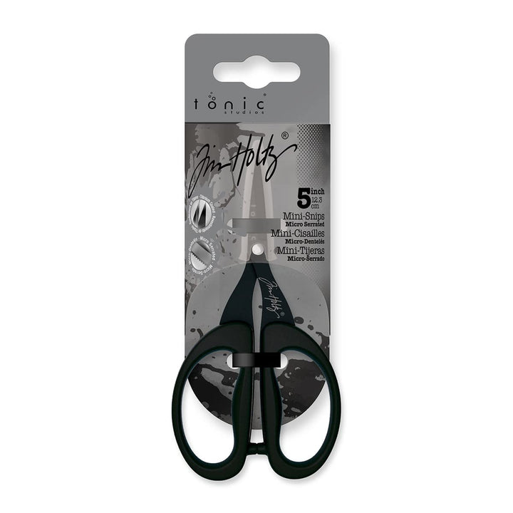 Tim Holtz Small Scissors - 5 Inch Mini Snips with Micro Serrated Blade - Craft Tool for Cutting Paper, Fabric, and Sewing - Titanium with Black Comfort Grip Handles