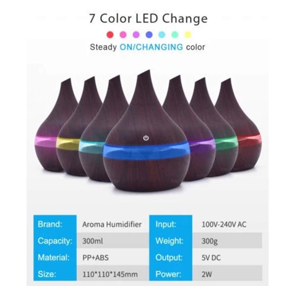 USB Aroma Essential Oil Diffuser 300ml Ultrasonic Humidifier with Electric Wood Grain LED Lights Aroma Diffuser for Home,Darkwoodgrain