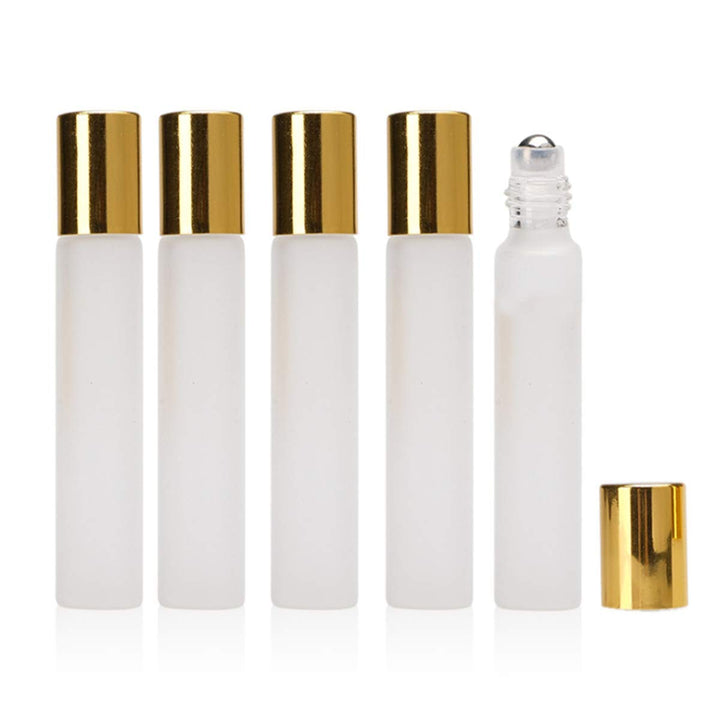 12Pcs 10ml Refillable Empty Frosted Glass Roller Bottles Vials Cosmetic Container with Stainless Steel Roller Ball and Gold Cap for Essential Oils, Aromatherapy, Perfumes and Lip Balms, 3 ml Dropper