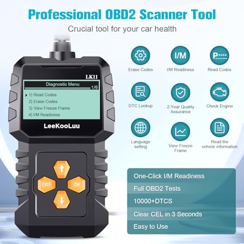 OBD2 Scanner Ease Setup Plug-Play: Clear Reset Engine Error Code Professional Code Reader Diagnostic Scan Tools with Freeze Frame/I/M Readiness for All Cars Since 1996 &amp; Newer - LK11