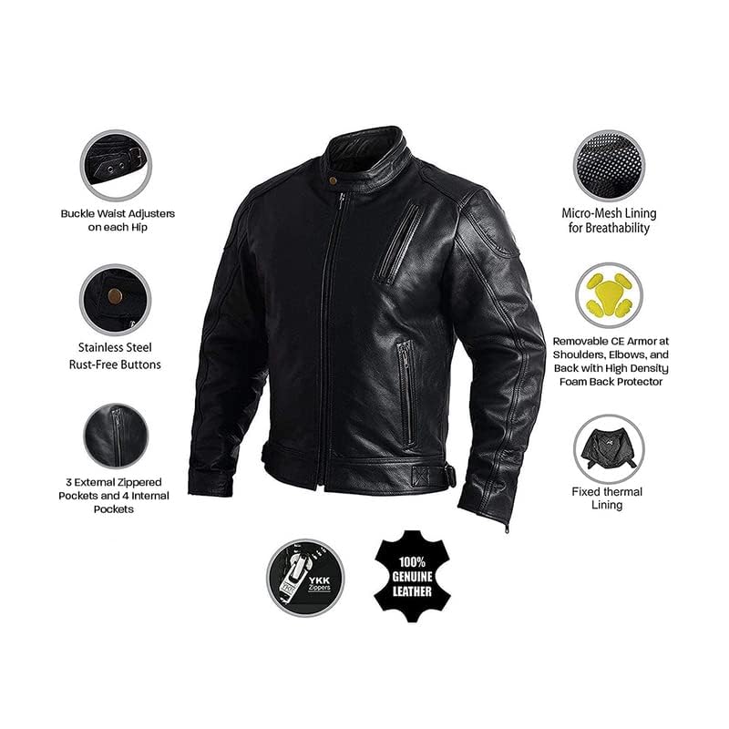 Leather Motorcycle Jacket with Armor for Men, Cafe Racer Genuine Leather Jacket for Weather Resistant Enduro Motocross, Motorbike Riding, Easy Adjust Men&#39;s Motorcycle Jacket, Medium