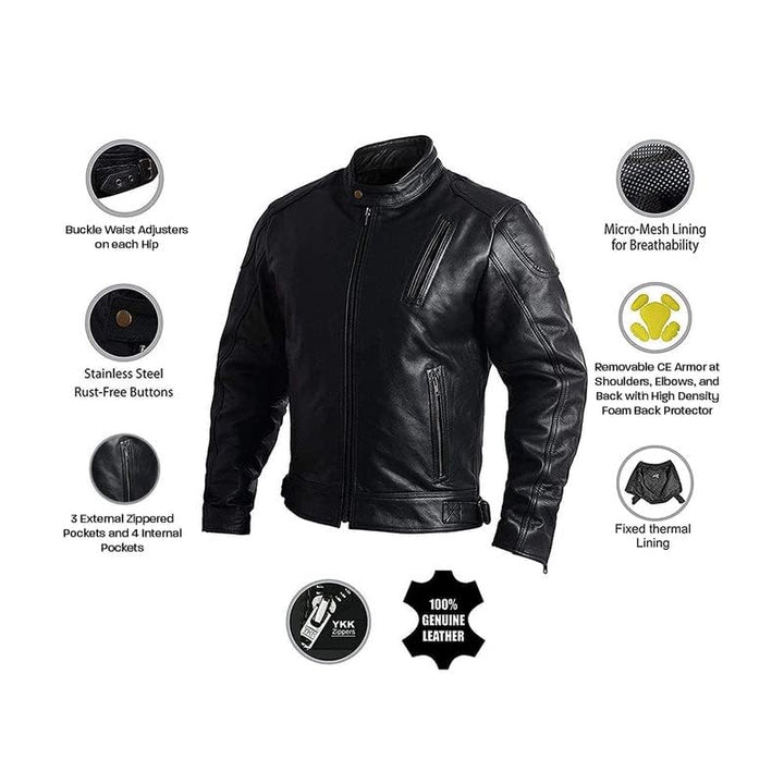 Leather Motorcycle Jacket with Armor for Men, Cafe Racer Genuine Leather Jacket for Weather Resistant Enduro Motocross, Motorbike Riding, Easy Adjust Men&#39;s Motorcycle Jacket, Medium