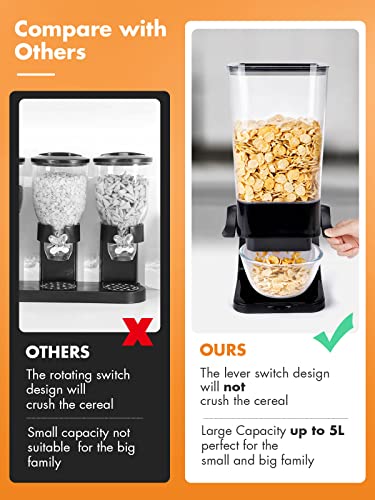 Cereal Dispenser Countertop, Large Capacity Rice Dispenser Cereal Container Storage, Not Easy to Crush Food, Dry Food Dispenser for Rice, Candy &amp; Snack, Black (5.5 Qt)