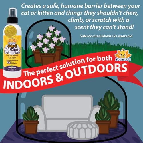 3-in-1 Cat &amp; Kitten Training Aid - Cat Deterrent Spray for Indoor and Outdoor Use - Protect Furniture, Rugs and Plants - Establish Boundaries &amp; Keep Felines Off - Made in USA (8 Fl Oz)