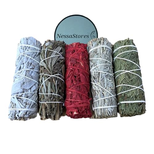 NessaStores 5 pcs Smudge Stick Sampler 1 Kit of White Sage, Black Sage, White Sage Dragon's Blood, Blue Sage, & Cedar - 4 Inch Hand Tied, All Natural, Ethically Sourced for Home Cleansing JC-209