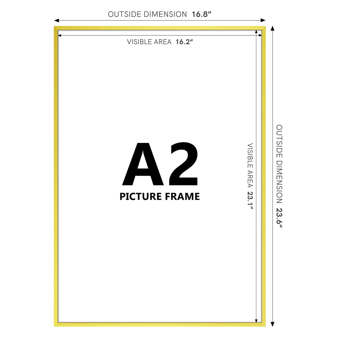 A2 Picture Poster Frame, Display Pictures 16.5x23.4 Without Mat, Thin Border Metal with Plexiglass for Horizontal and Vertical, Gold