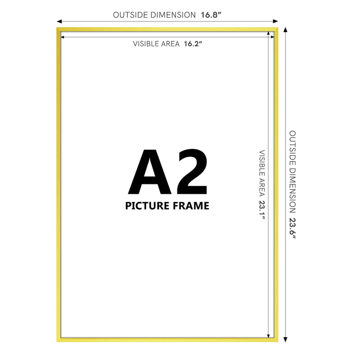 A2 Picture Poster Frame, Display Pictures 16.5x23.4 Without Mat, Thin Border Metal with Plexiglass for Horizontal and Vertical, Gold