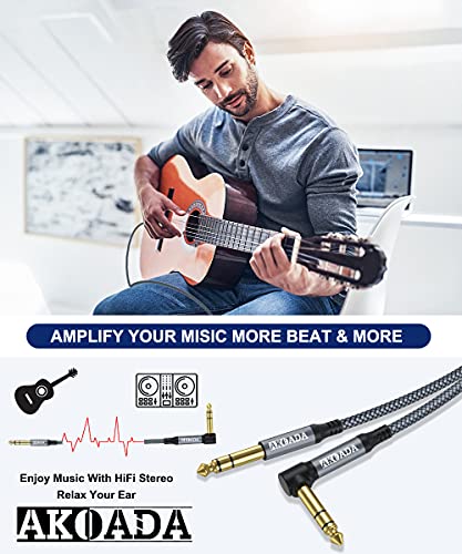 1/4 Inch TRS Instrument Cable (10ft 2Pack), Right Angle 6.35mm Male Jack Stereo Audio Interconnect Cord,Compatible for Bass,Keyboard,Mixer,Amplifier,Amp,Electric Guitar,Speaker