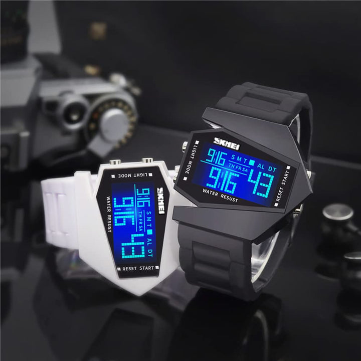 Men Sports Military Watches 5 ATM Digital Airplane Shaped Fashion LED Colorful Light Men Watch (Black)