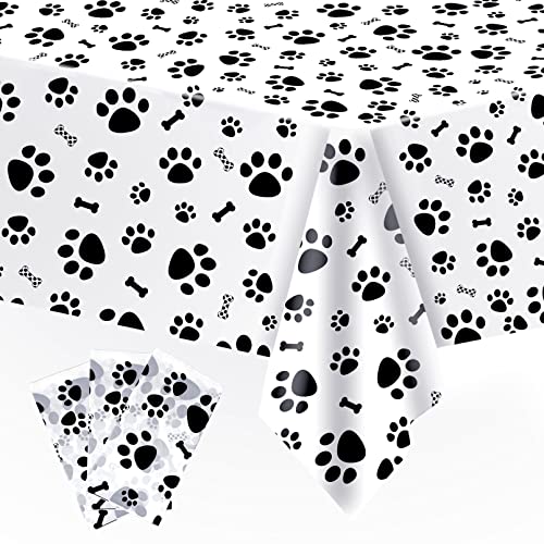 3 Pack Puppy Dog Pet Paw Print Plastic Tablecloth Table Cover,Large Paw Print and Bone Sign Plastic Disposable Rectangle Table Cover for Pet Dog Themed Birthday Party Decorations,54x108 inch