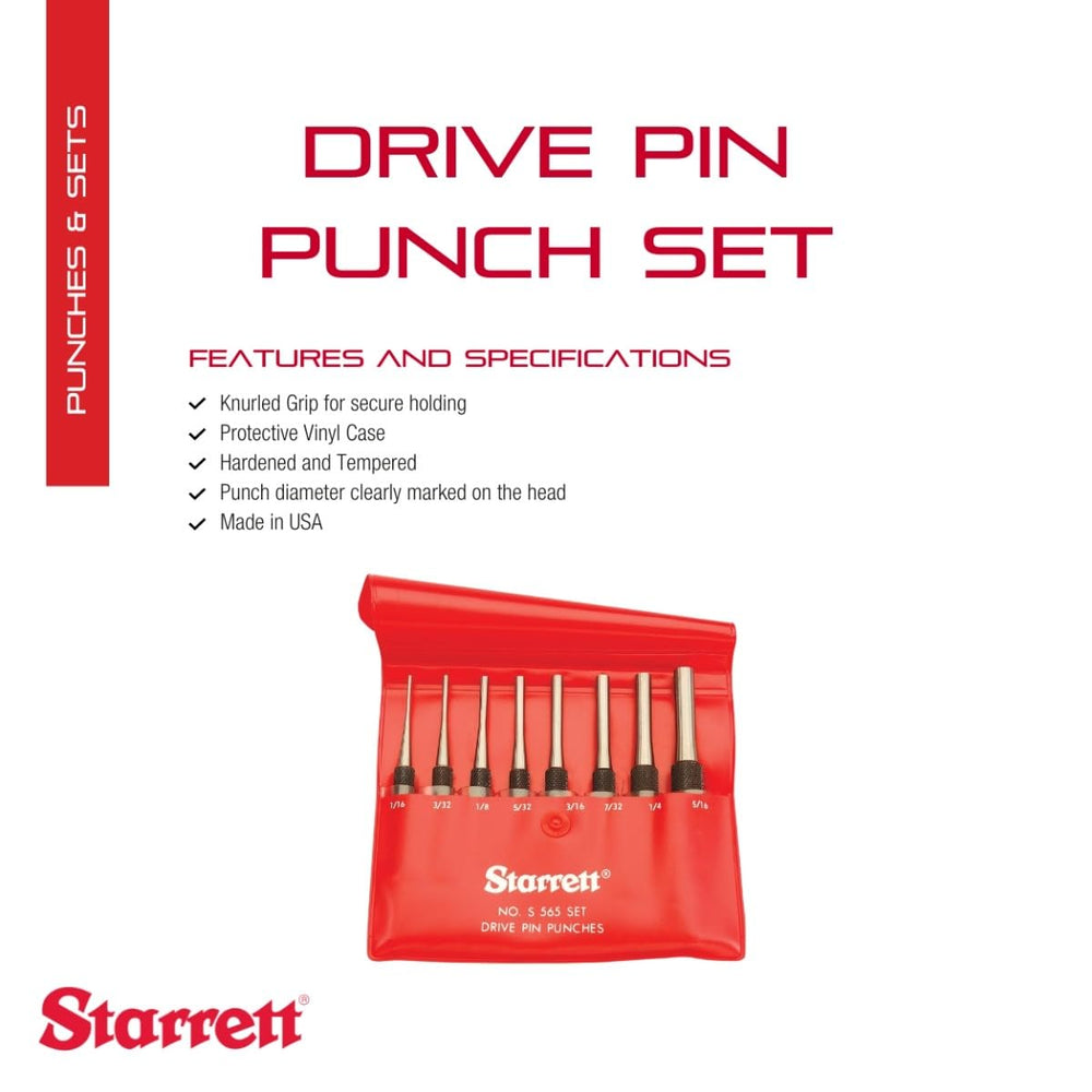 Drive Pin Punch Set with Knurled Grip and Protective Vinyl Case - 4 Length, 1/16, 3/32, 1/8, 5/32, 3/16, 7/32, 1/4, 5/16 Punch Diameter - S565PC