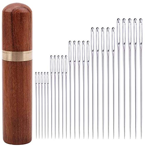 25Pieces Hand Sewing Big Eye Needles Sharp Needle,with Solid Wood Needle Case for