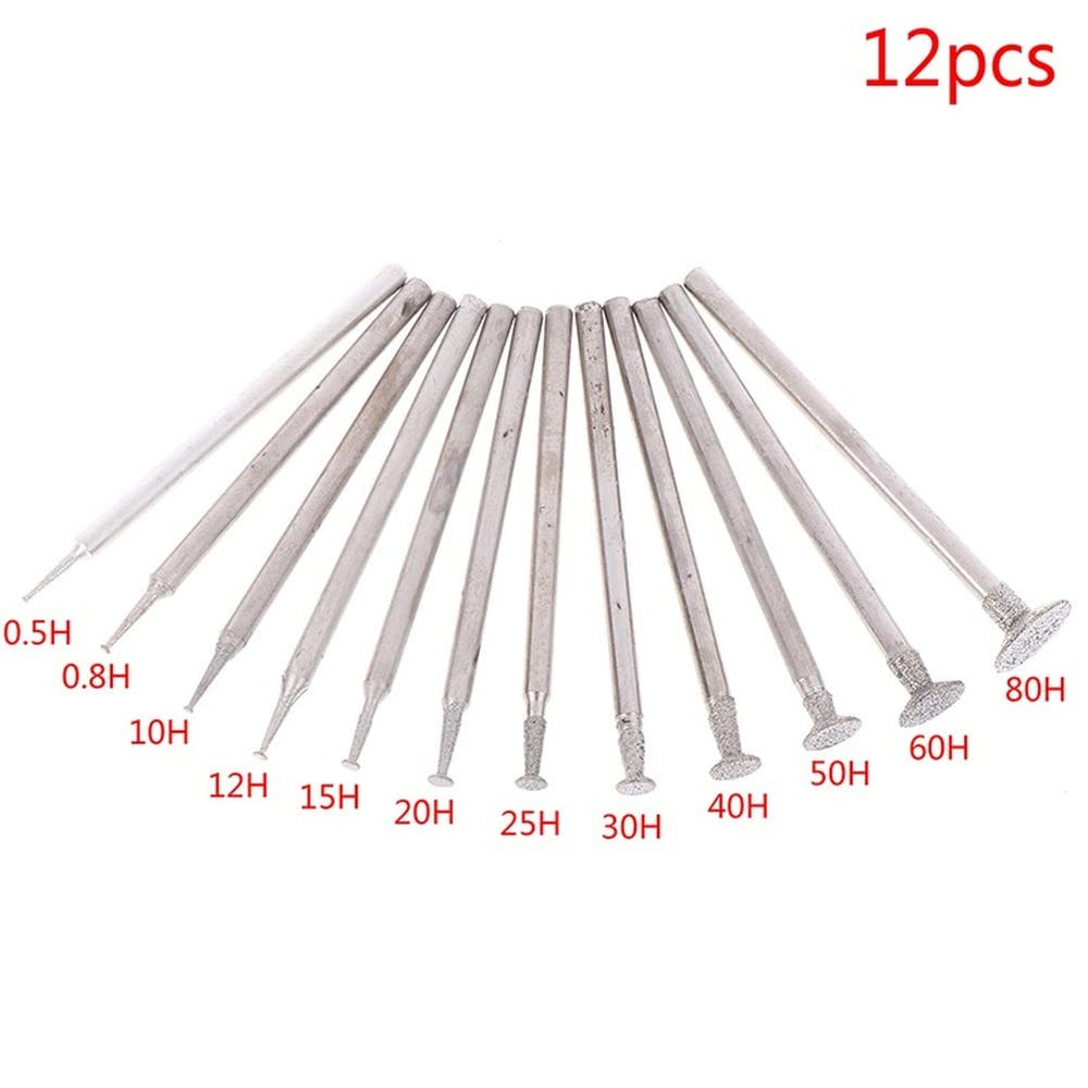 12Pcs 2.35mm(3/32'') Shank Diamond Coated Grinding Burr Needle Point Bit Set, Diamond Mounted Burr Rotary Tool Set for Jade, Jewelry, Stone, Ceramic Grinding/Carving/Polishing/Engraving