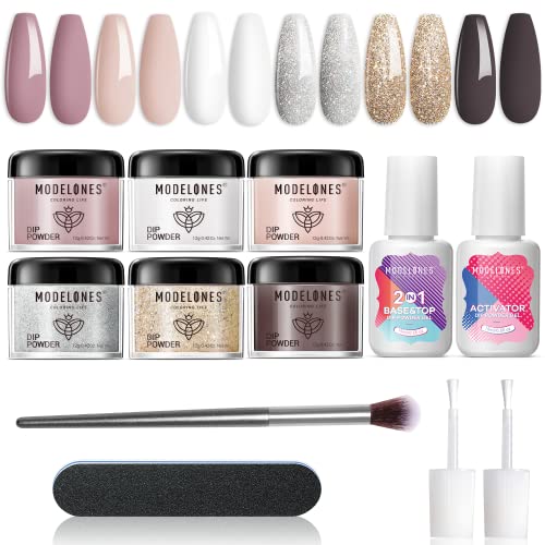 Modelones 12Pcs Dip Powder Nail Kit Starter, 6 Colors Nude Pink Glitter Neutral Skin Dipping Powder Liquid Set with 15ml 2 in 1 Base &amp; Top Coat Activator for Nail Art Beginner Manicure DIY Salon Gift