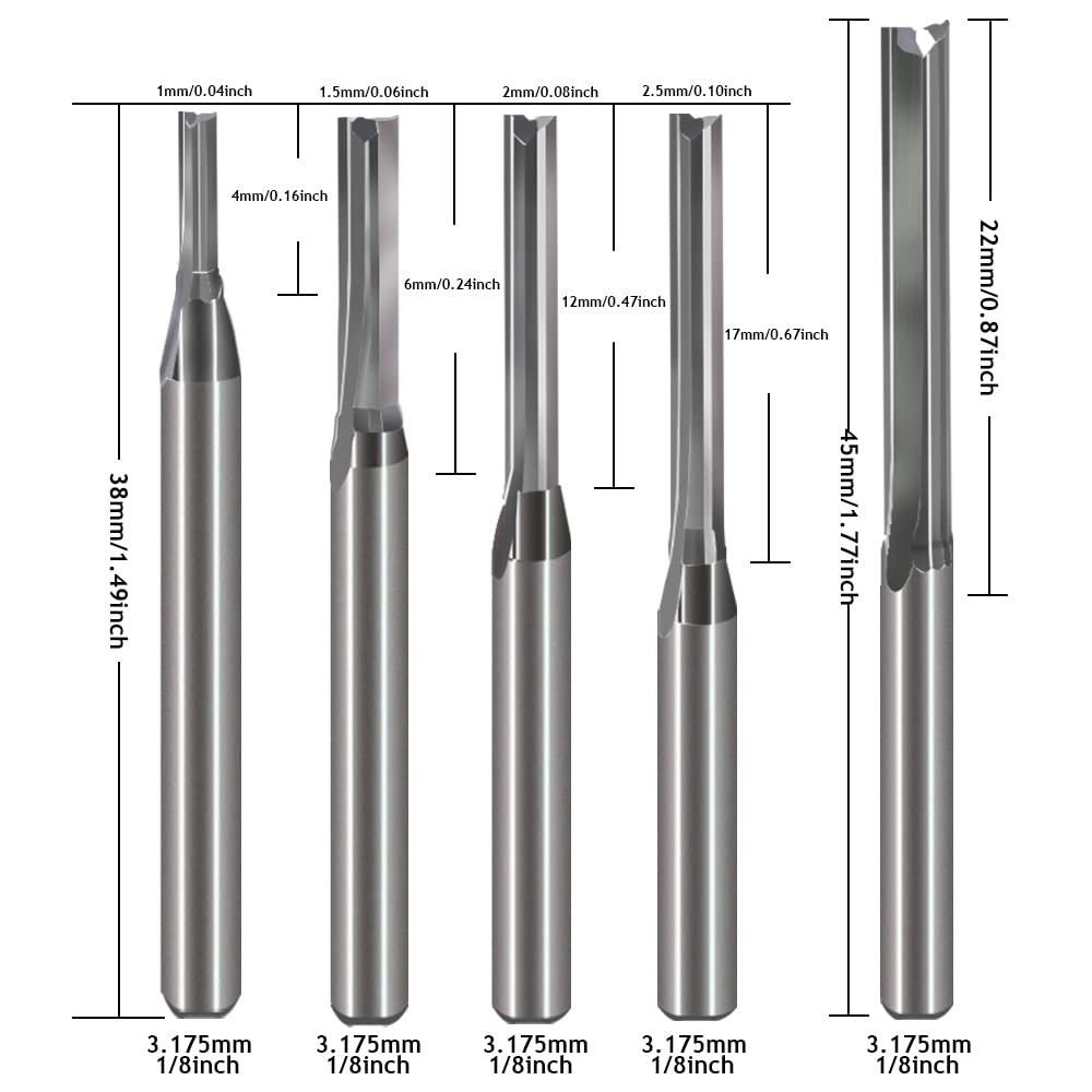1/8 Inch Straight Router Bits Set (CED 1.0mm 1.5mm 2.0mm 2.5mm 3.175mm ) Milling Cutter 2 Flutes Double Edged CNC Cutting Tungsten Steel for Wood MDF Acrylic Milling