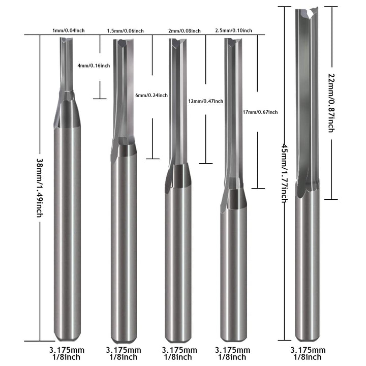 1/8 Inch Straight Router Bits Set (CED 1.0mm 1.5mm 2.0mm 2.5mm 3.175mm ) Milling Cutter 2 Flutes Double Edged CNC Cutting Tungsten Steel for Wood MDF Acrylic Milling