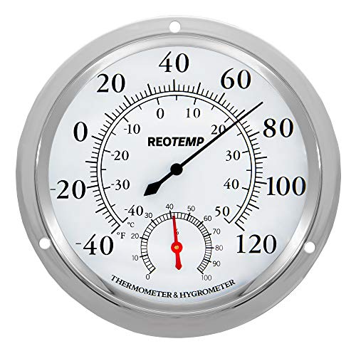 Wall Thermometer Hygrometer, Analog, 5.75 Polished Metal 304SS and Glass, Humidity and Temperature Monitor (-40 to 120 F&amp;C)