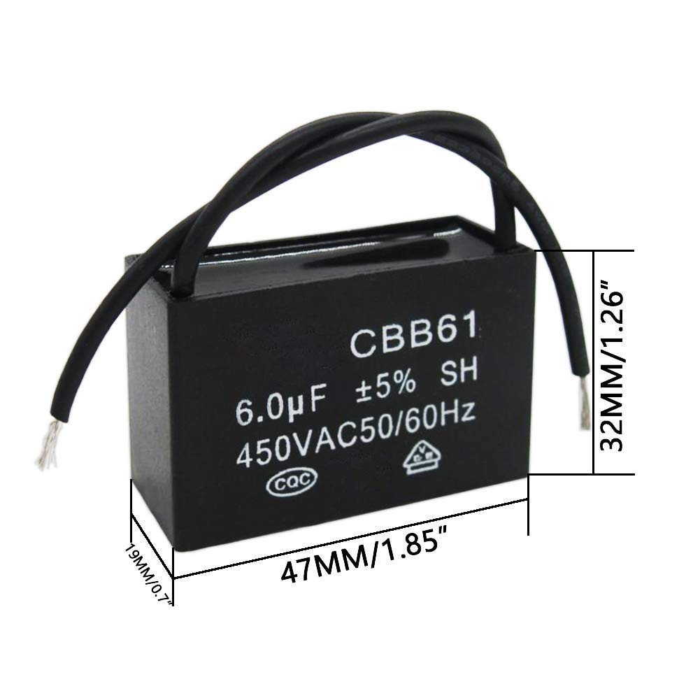 /2Pcs 450V AC 50/60Hz Run Capacitor 2-Wire Metallized Polypropylene Film Capacitors for Ceiling Fan Motor Start Run 6uf CBB61-6