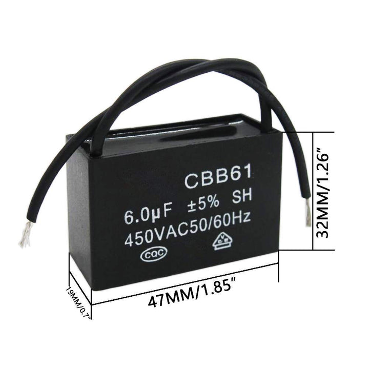 /2Pcs 450V AC 50/60Hz Run Capacitor 2-Wire Metallized Polypropylene Film Capacitors for Ceiling Fan Motor Start Run 6uf CBB61-6