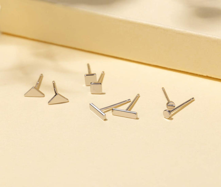 Sterling Silver Stud Earrings for Women Men- 4 Pairs of Hypoallergenic Simple Geometric Small Stud Earring Set Tiny Circle Triangle Square Bar Stud Earrings Mini Cartilage Tragus Earrings(Sliver)