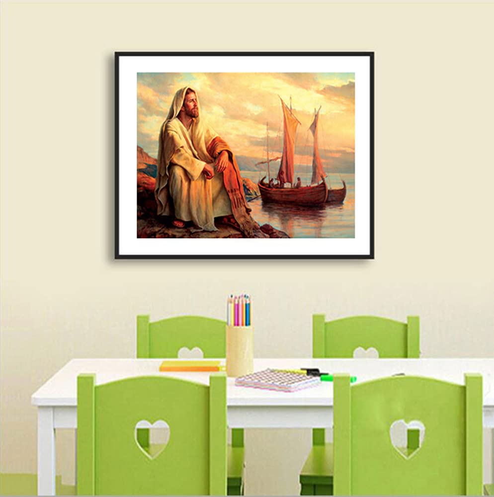 Round Full Drill Diamond Painting Set, 5D DIY Jesus Sailing Diamond Art Kits Jesus Diamond Art Painting by Numbers for Adult Children Diamond Painting with Gem Room Decor (16X12 inches)