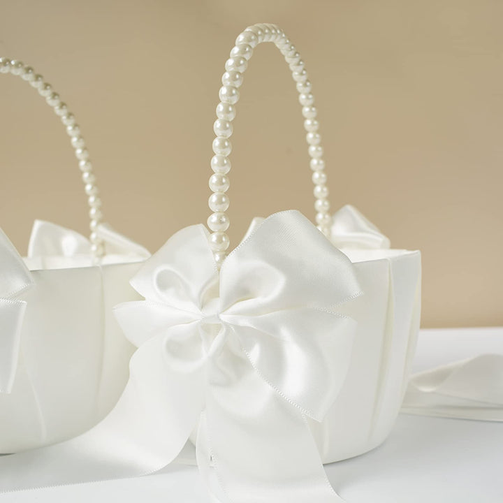 2 Pcs Wedding Flower Girl Baskets with Cute Pearl Handle Bowknot Satin Flower Baskets for Wedding Ceremony, Ivory