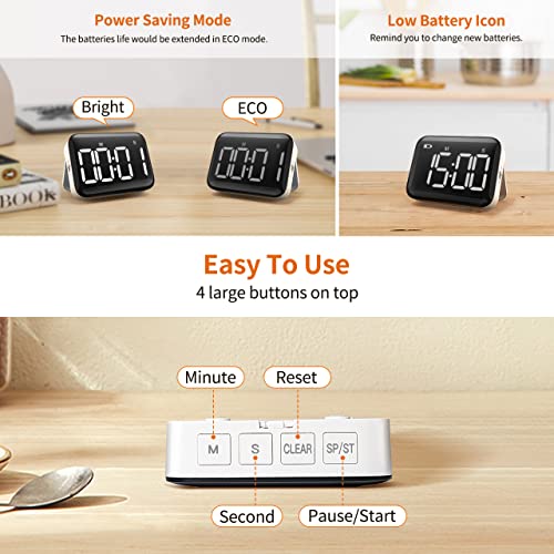 Magnetic Kitchen Timer for Cooking with Count Up Countdown, Digital Timer Battery Powered with Large Display, 2 Brightness and Volume Levels for Classroom, Teacher, Kids