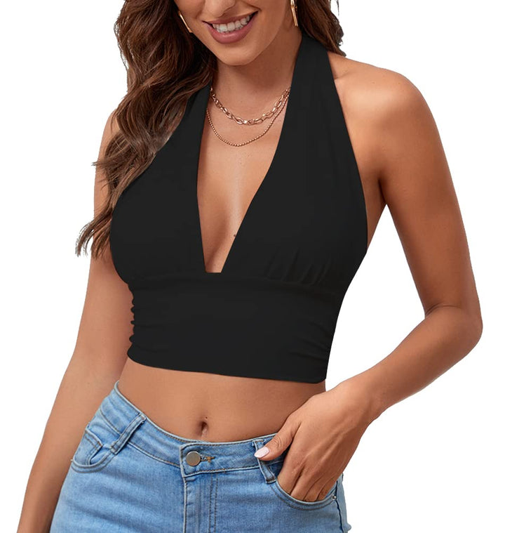 Women&#39;s Deep V Neck Halter Tie Back Sleeveless Backless Cami Crop Top Black Medium